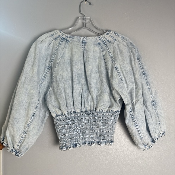 Free People Light Wash Denim Smocked Waist Blouse - Picture 4 of 4